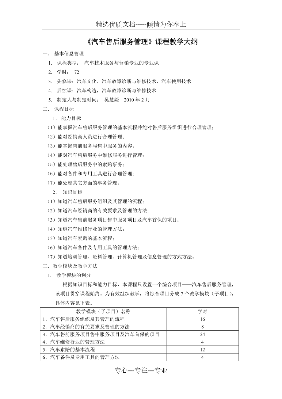 《汽车售后服务》课程教学大纲(共7页)_第1页