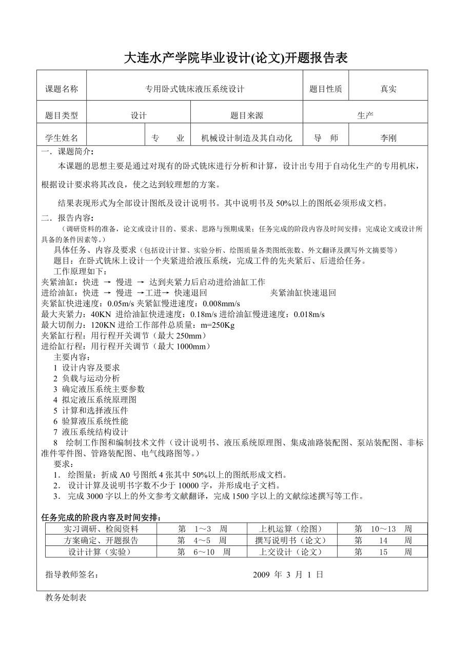 開題報告-專用臥式銑床液壓系統(tǒng)設(shè)計_第1頁