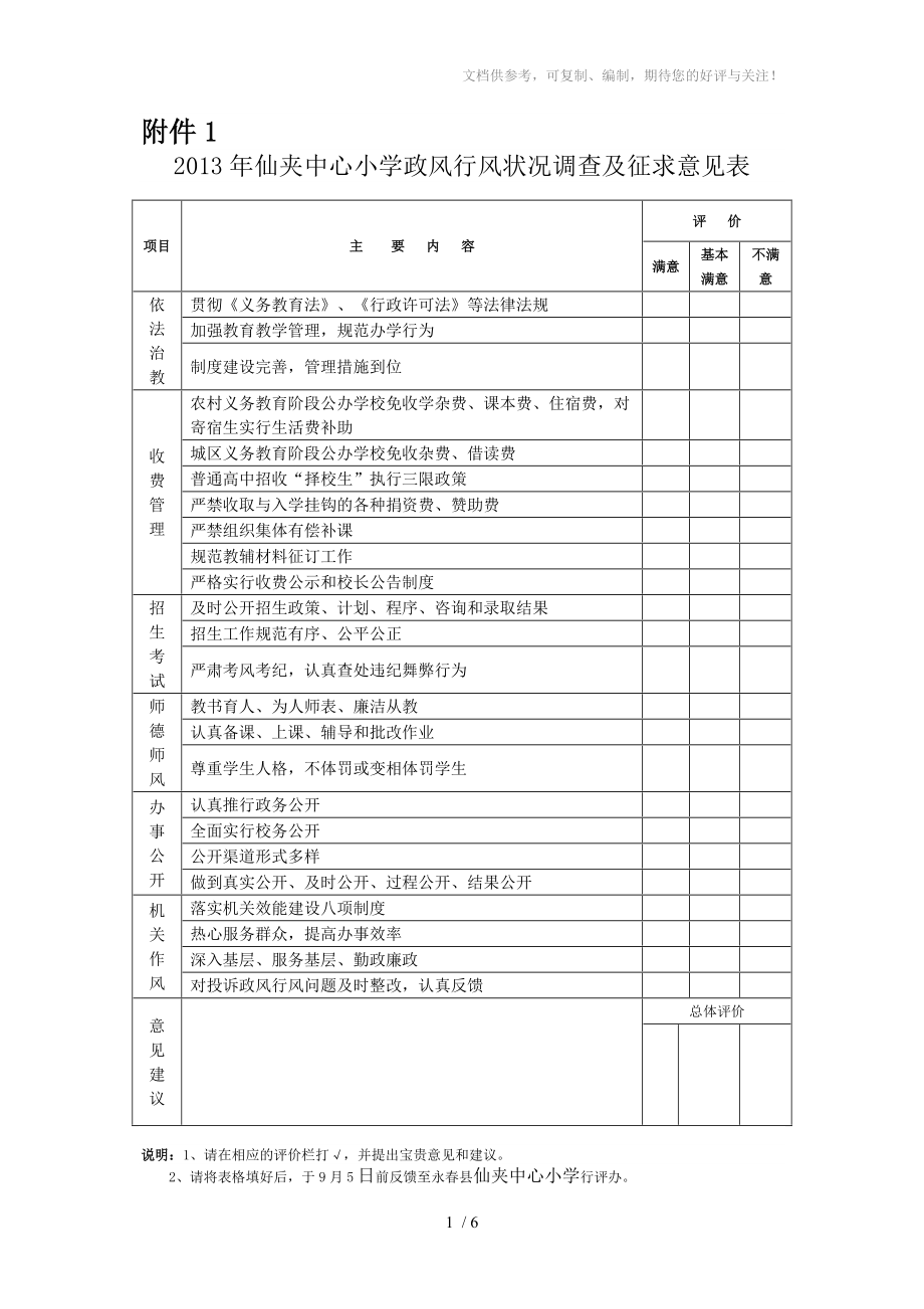 2013年仙夹中心小学政风行风状况调查及征求意见表_第1页