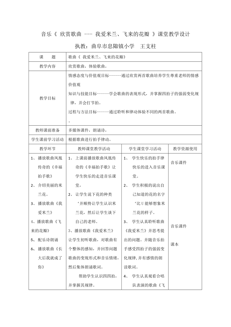 【教學(xué)設(shè)計(jì)】《我愛米蘭、飛來(lái)的花瓣》課堂設(shè)計(jì)＿我愛米蘭、飛來(lái)的花瓣＿音樂＿小學(xué)＿王支柱＿3708811203_第1頁(yè)