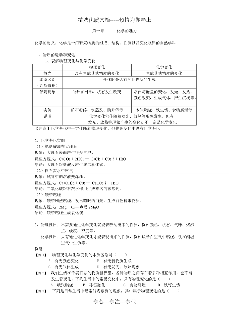 上海市初三化学上册第一章知识总结与训练(共10页)_第1页