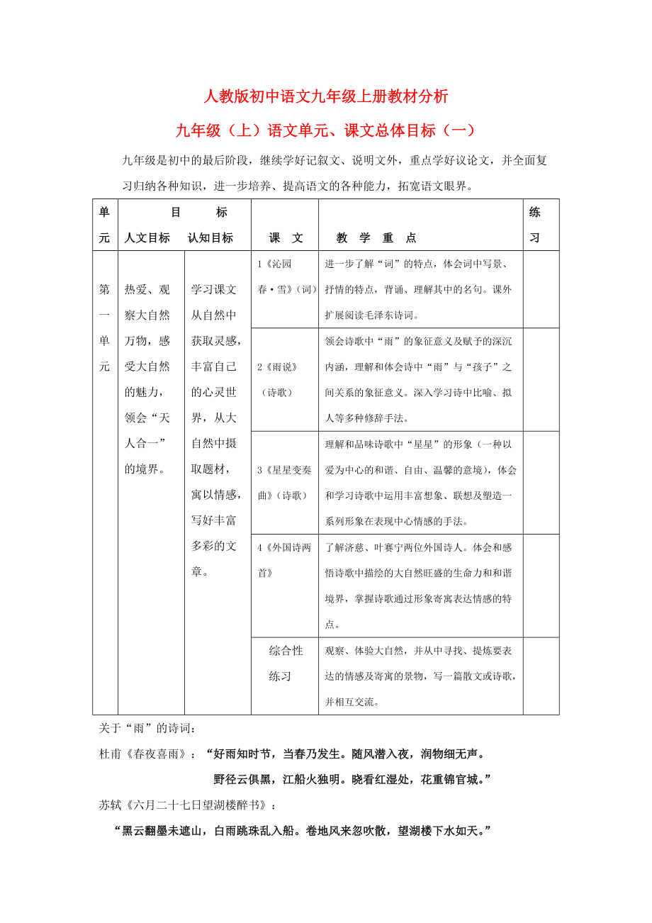 九級(jí)語文上冊(cè) 教材分析 人教新課標(biāo)版_第1頁