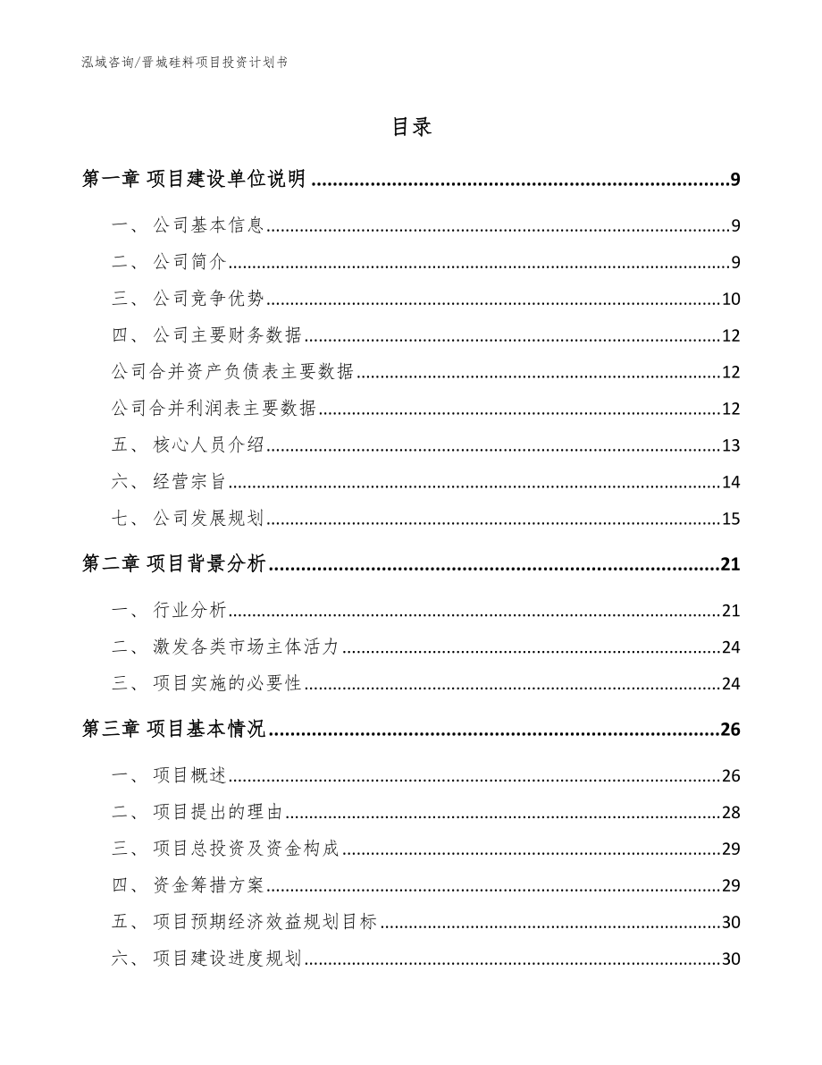 晋城硅料项目投资计划书（范文模板）_第1页