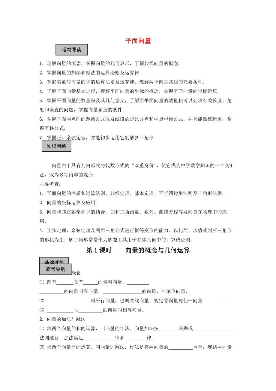 高考數(shù)學(xué)導(dǎo)學(xué)練系列 平面向量教案 蘇教版_第1頁