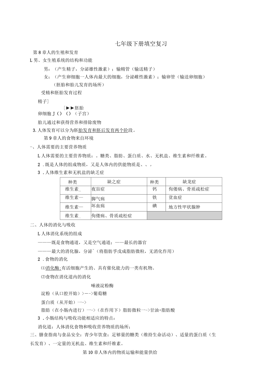 湘教版七下生物填空復(fù)習(xí)_第1頁