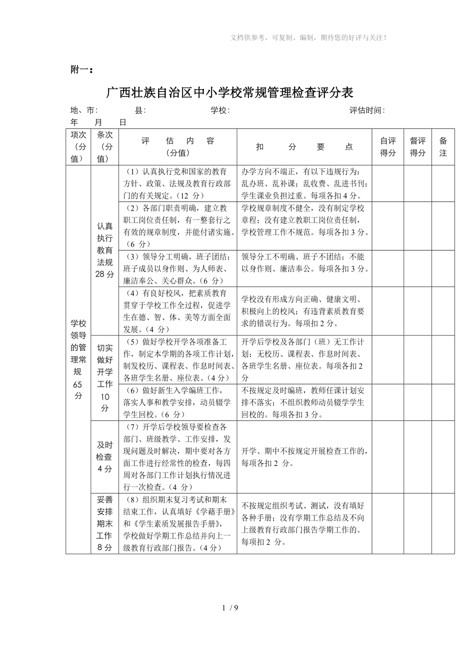 广西壮族自治区中小学校常规管理检查评分表_第1页