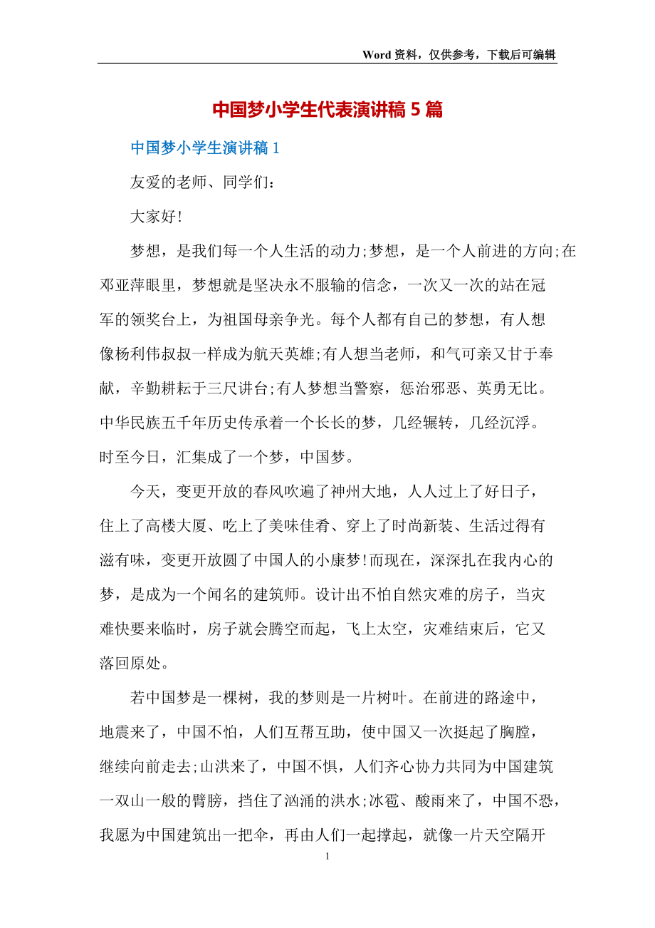 中国梦小学生代表演讲稿5篇_第1页