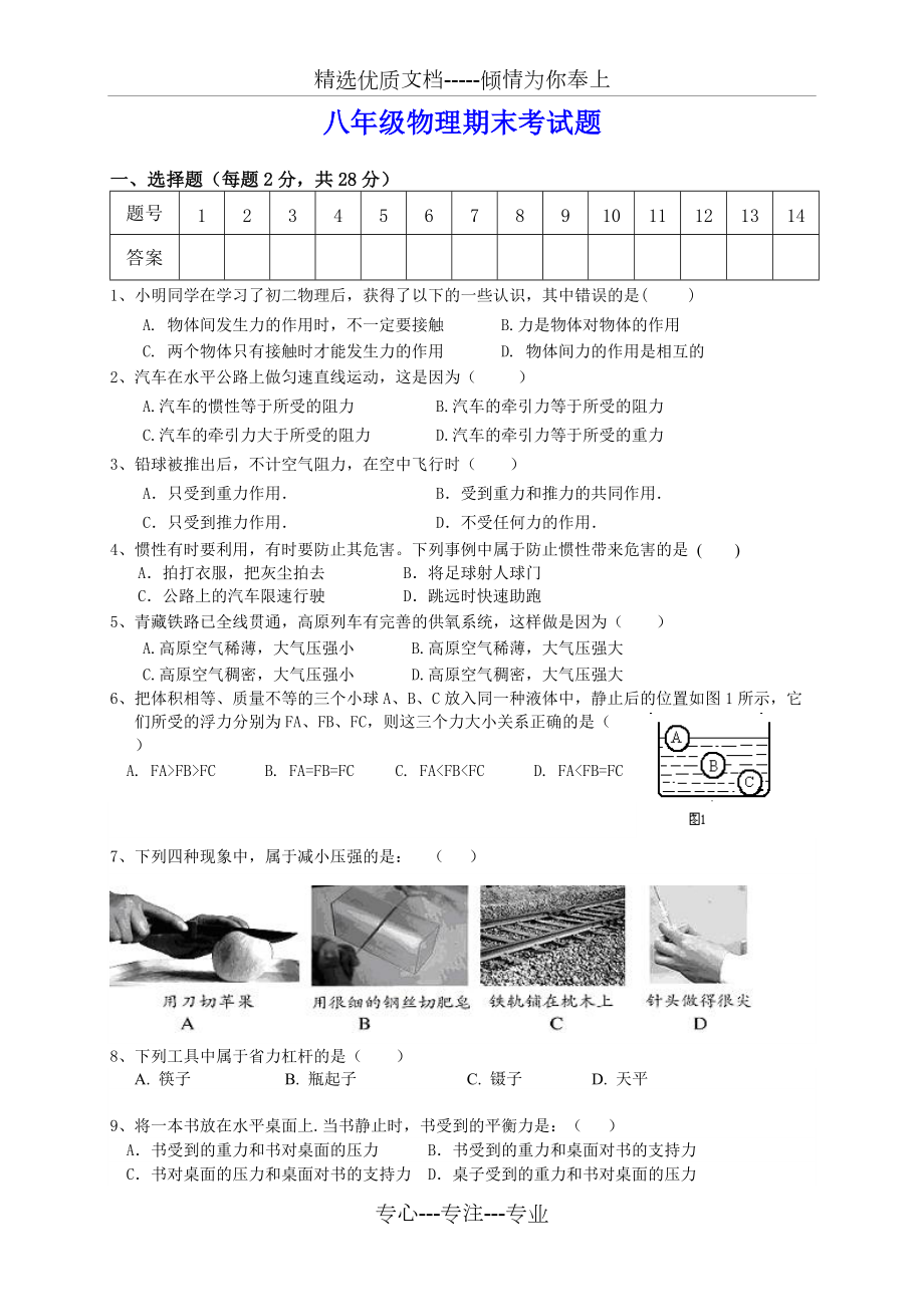 2019-2020年八年级下册物理期末试题及答案(共5页)_第1页