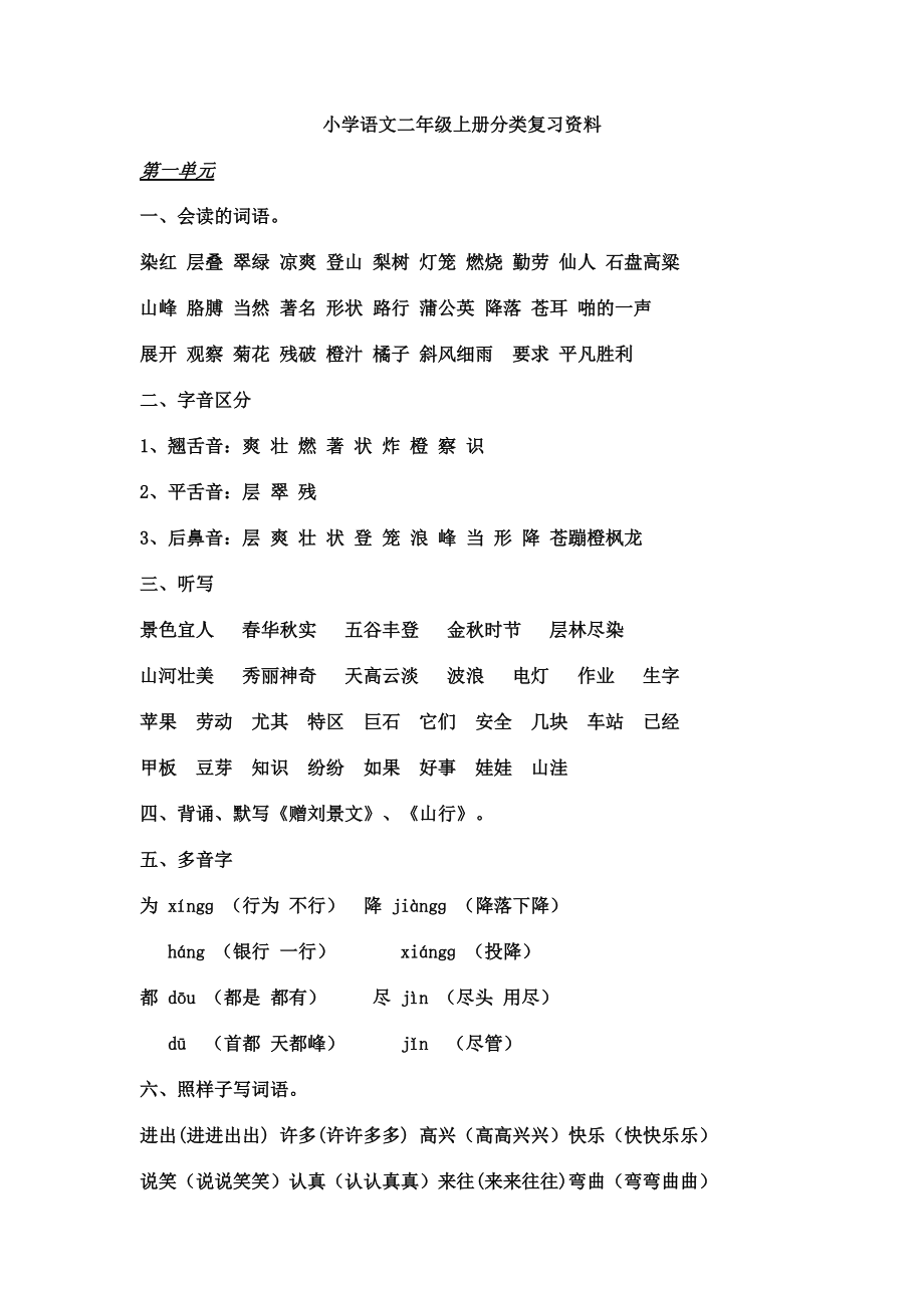 小學(xué)語文人教版二年級上冊重點(diǎn)要點(diǎn)復(fù)習(xí)資料 (2)_第1頁