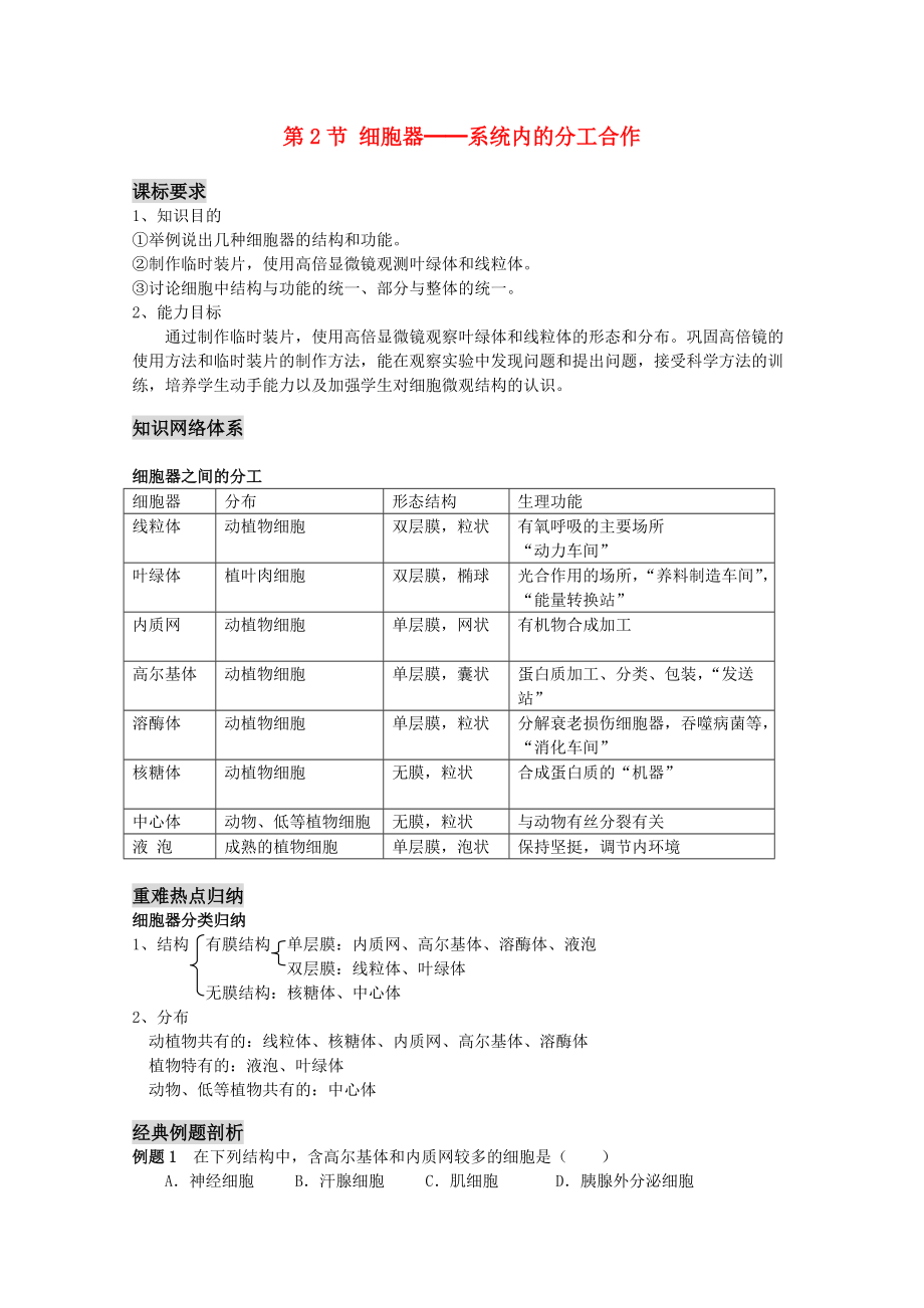 高三生物一輪復(fù)習(xí) 細(xì)胞器系統(tǒng)內(nèi)的分工合作教學(xué)案 新人教版必修1_第1頁