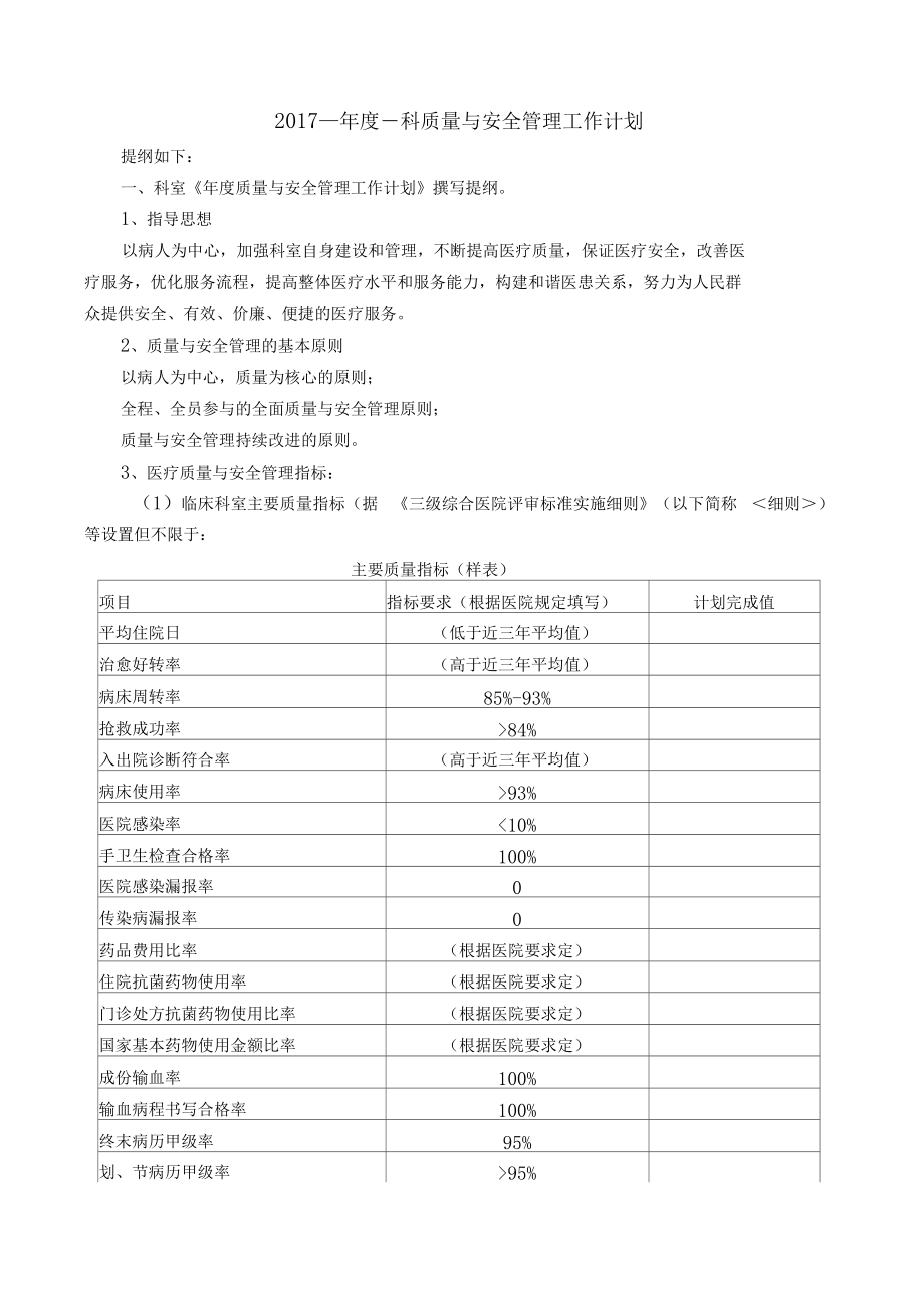 科室医疗质量与安全管理工作计划模板新_第1页