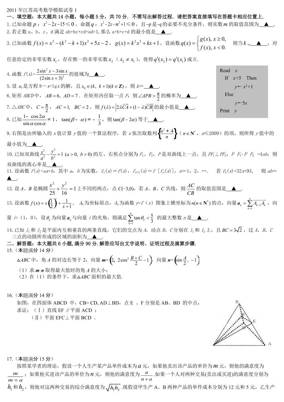 2011年江苏高考数学模拟试卷1_第1页