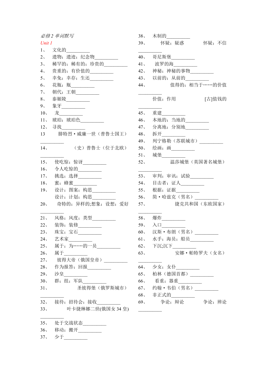 人教版高中英語必修2單詞默寫英漢互譯_第1頁