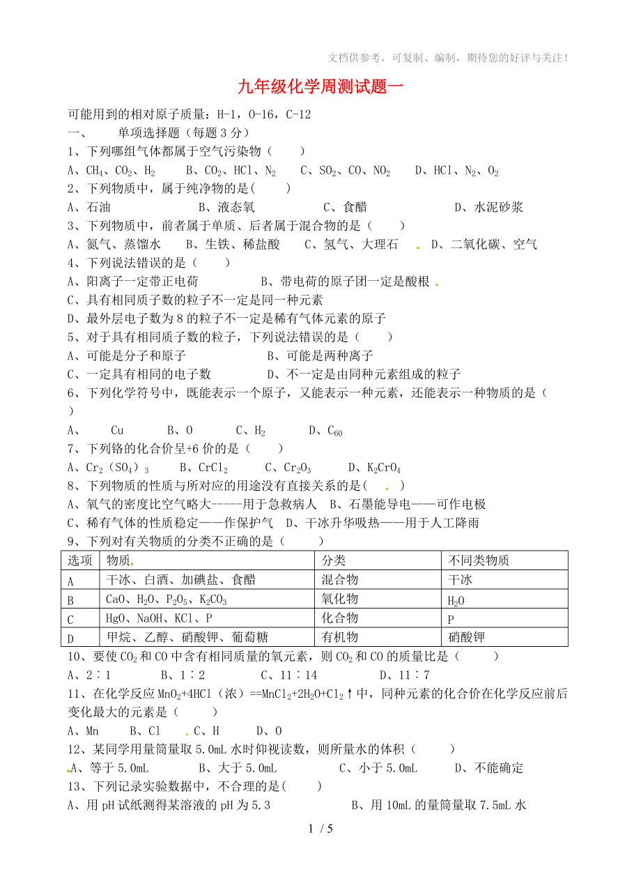 廣西壯族自治區(qū)貴港市貴城四中九年級化學(xué)周測試題_第1頁