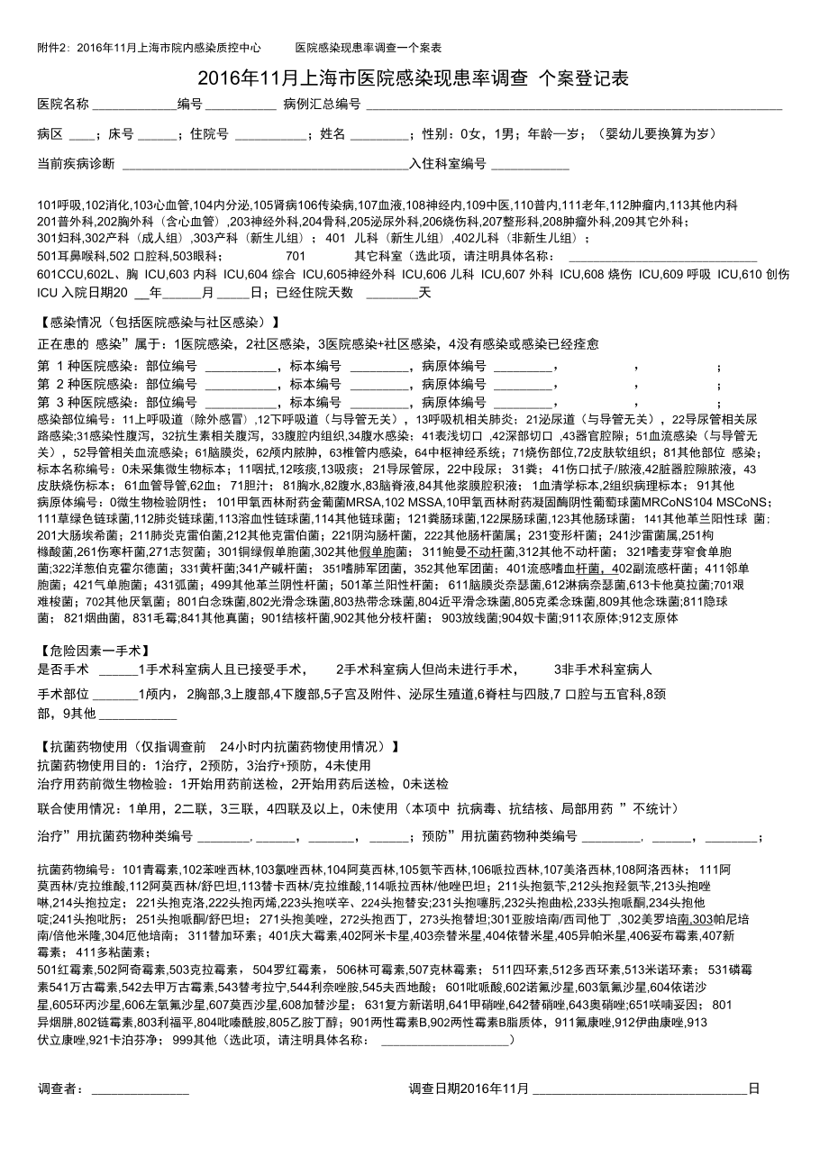 2016年11月上海医院感染现患率调查个案登记表_第1页