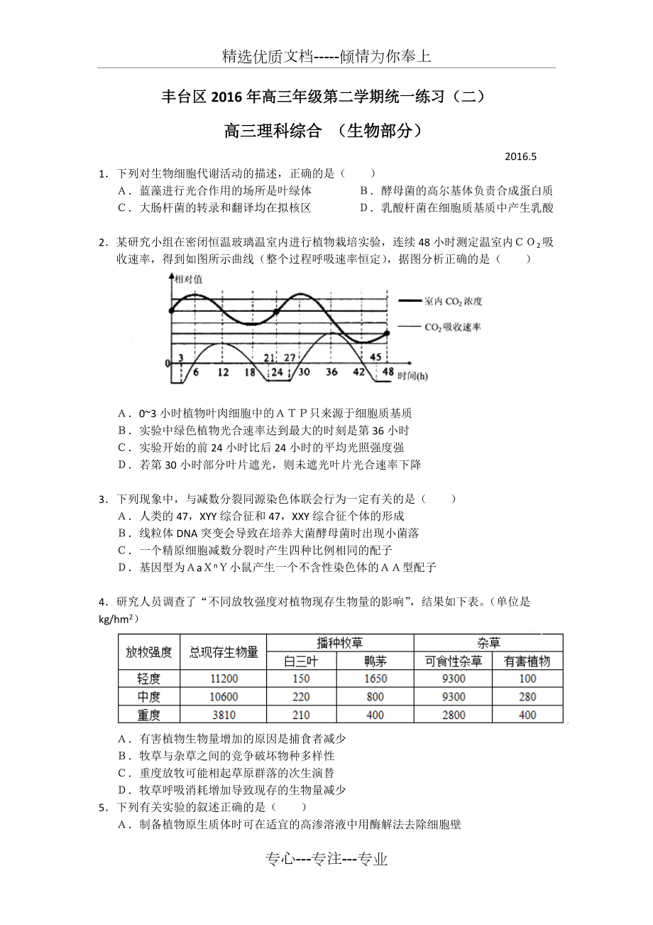 2016年北京市丰台区高三二模生物试题含答案(共4页)_第1页