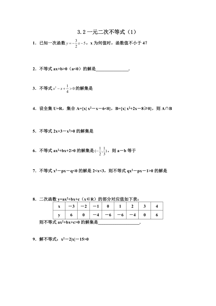 32一元二次不等式（1）【基礎(chǔ)練習(xí)】1_第1頁(yè)