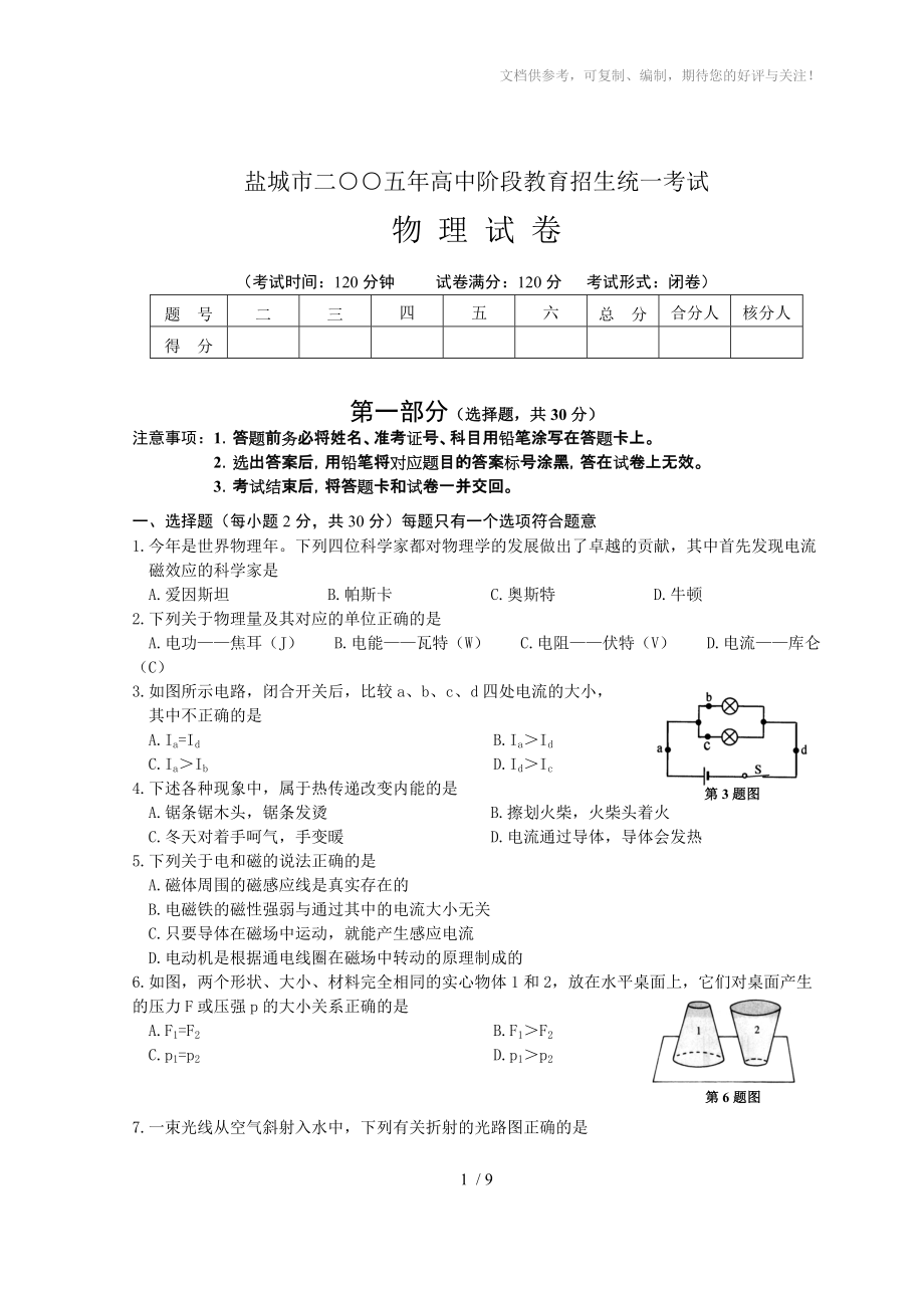 物理中考试卷盐城市物理中考试卷W_第1页