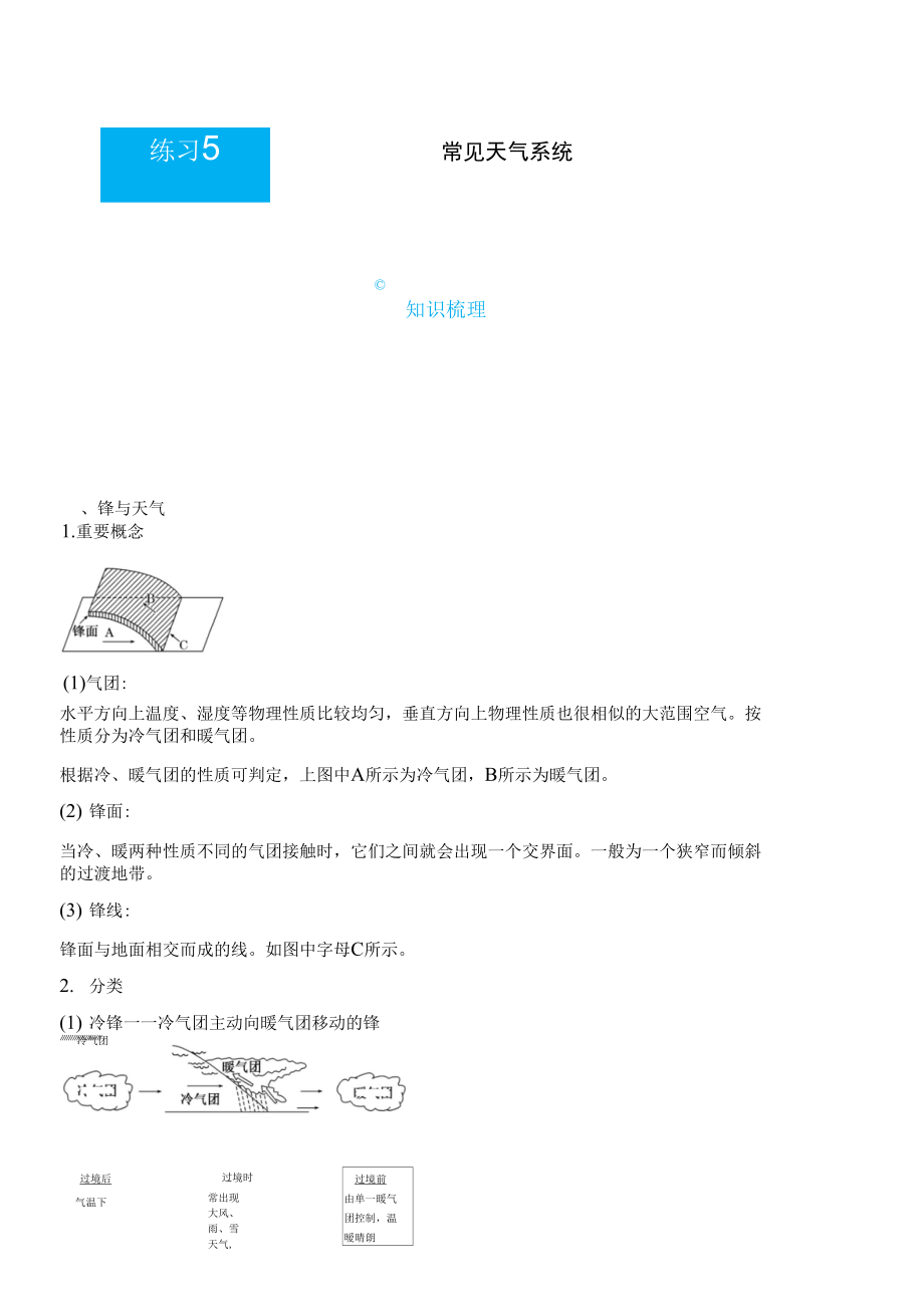 （新教材）2021-2022學(xué)年上學(xué)期高二寒假鞏固練習(xí)5 常見天氣系統(tǒng) 學(xué)生版_第1頁(yè)