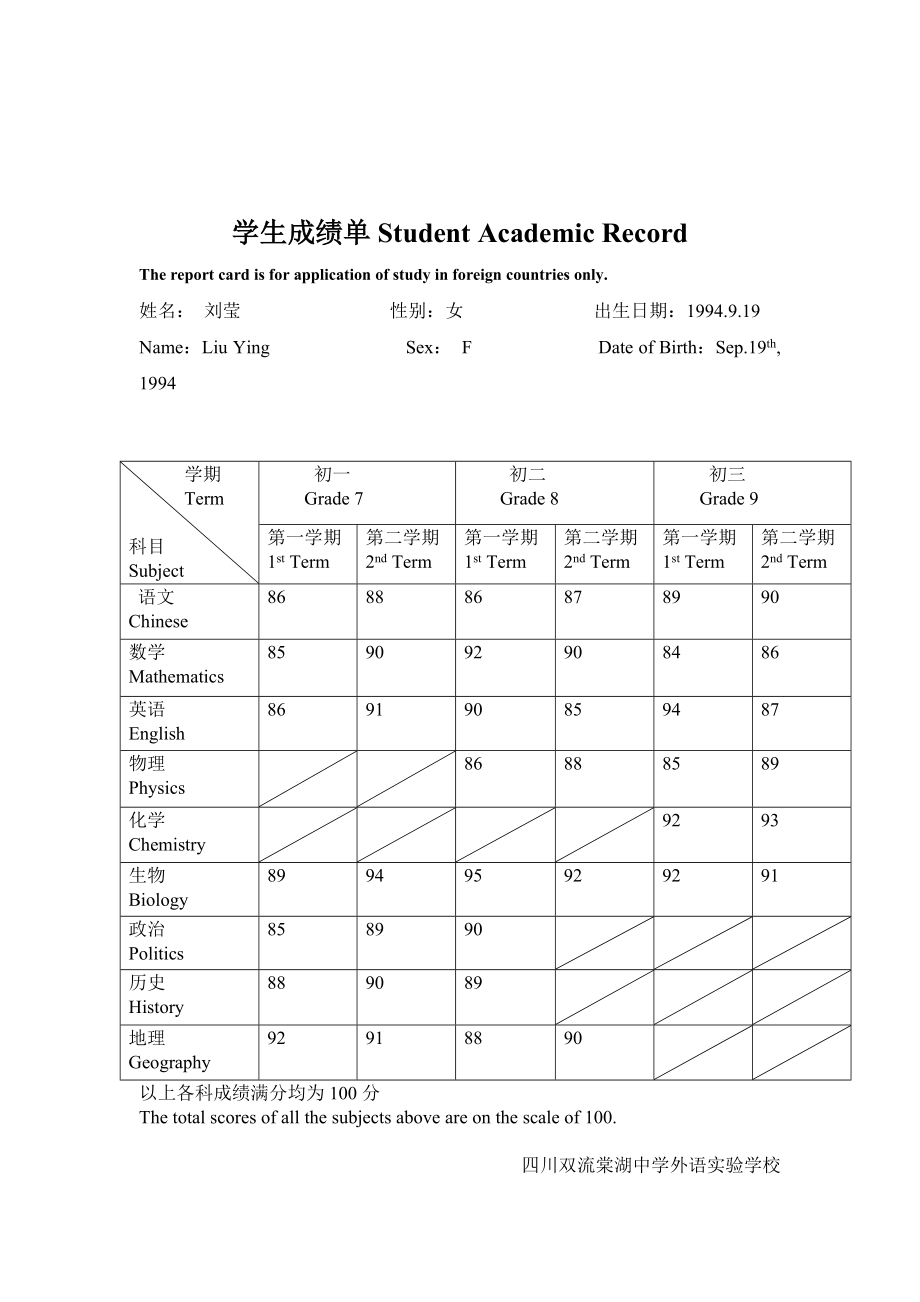 出国学生成绩单 模板_第1页