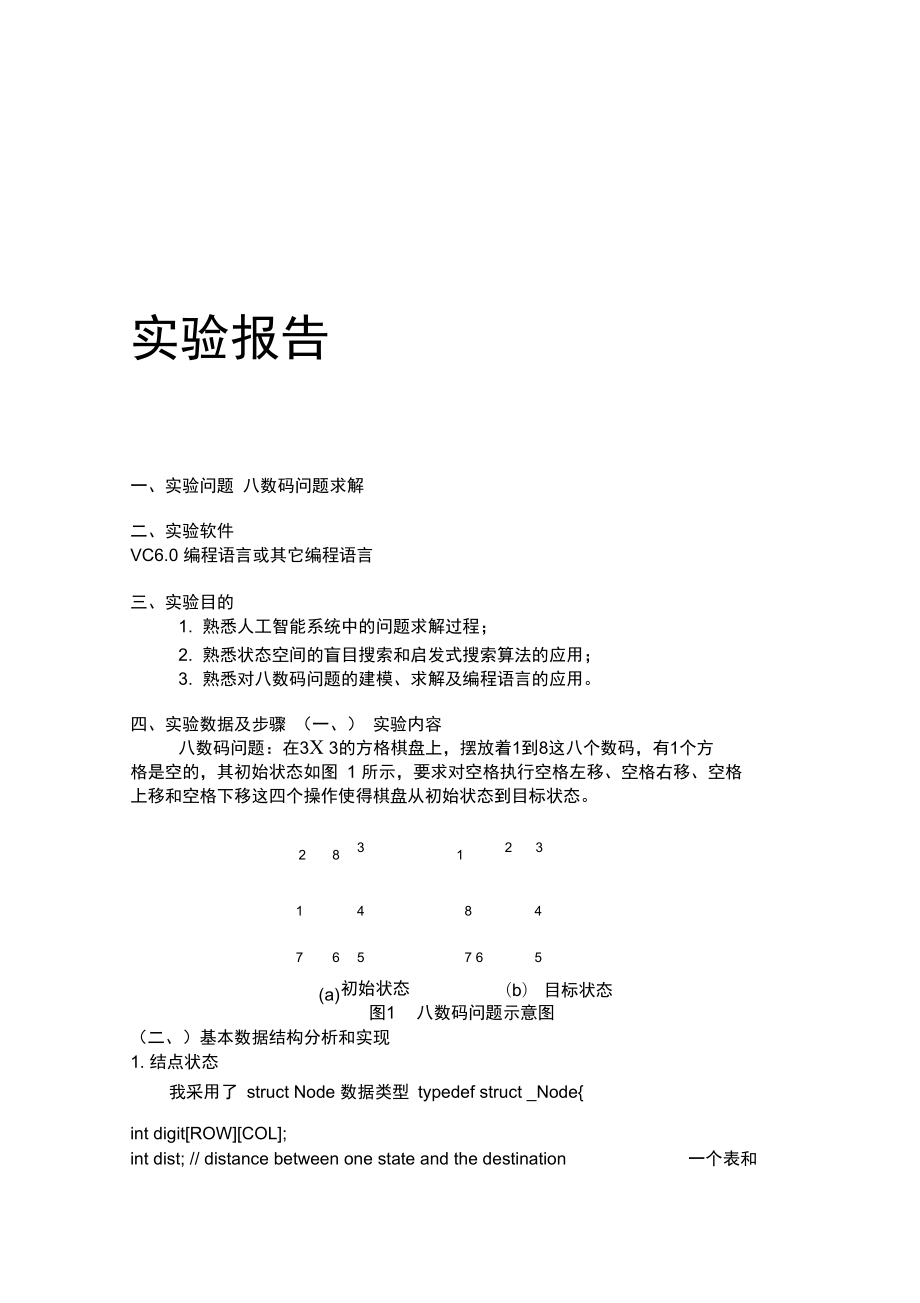 八数码问题求解实验报告讲解_第1页