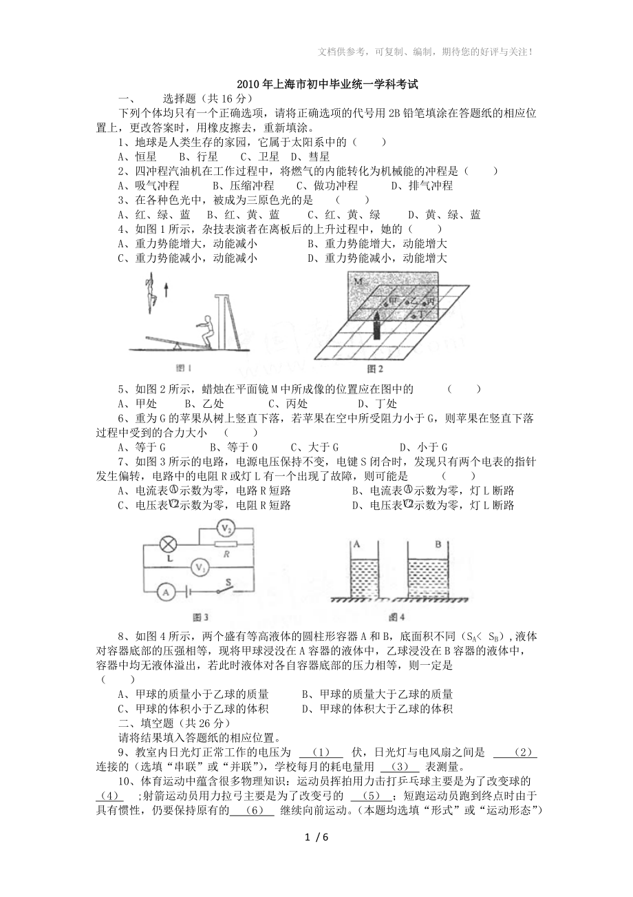 2010年上海市物理中考试卷及答案_第1页