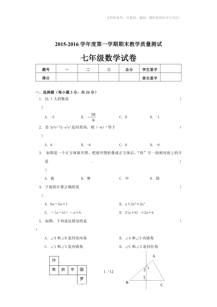 长春市九台区2015-2016学年初一数学期末试题及答案_第1页