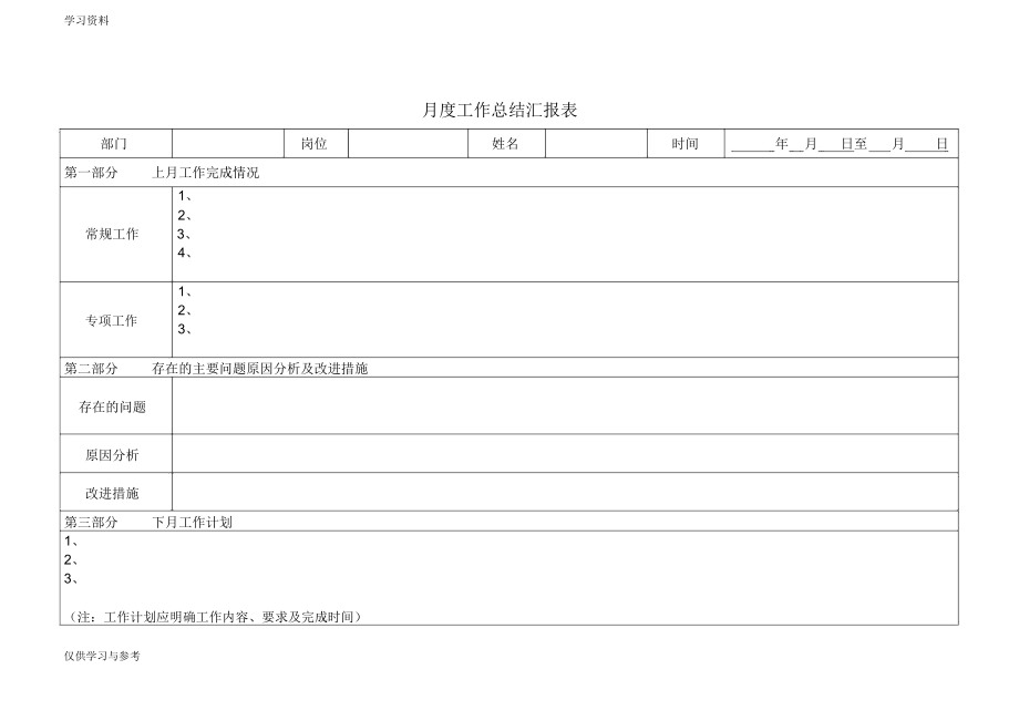 月度工作总结汇报表模版复习过程_第1页