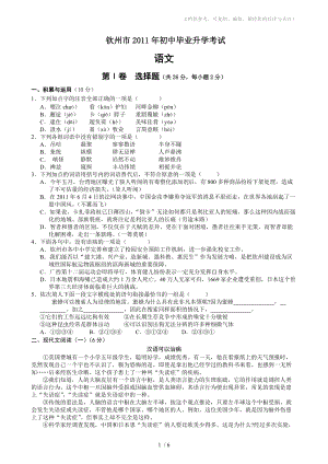 2011年广西钦州市中考语文试题(含答案)