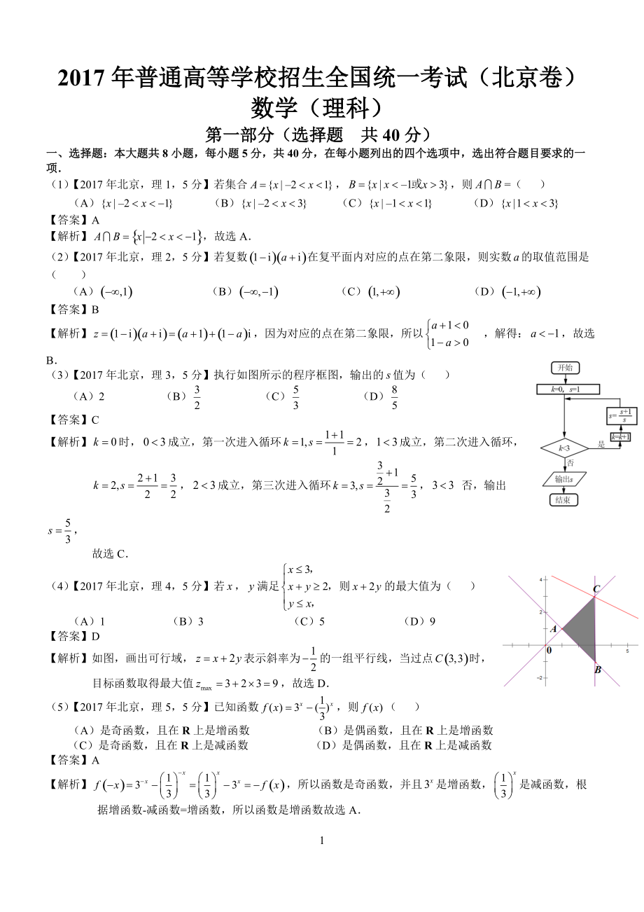 2017年高考北京理科数学试题及答案解析版_第1页