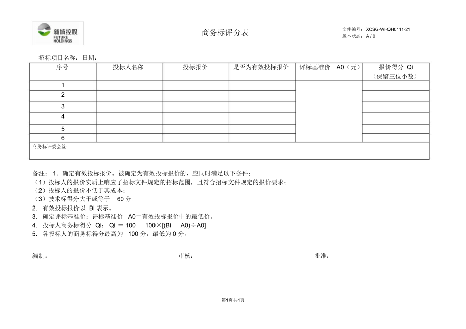 商务标评分表图片