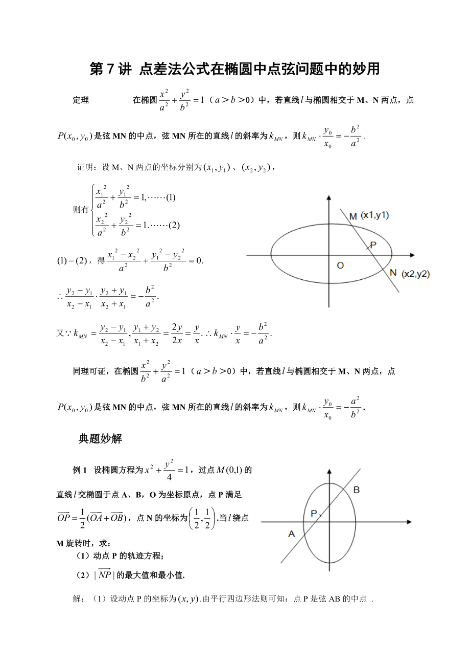 第7讲点差法公式在椭圆中点弦问题中的妙用_第1页