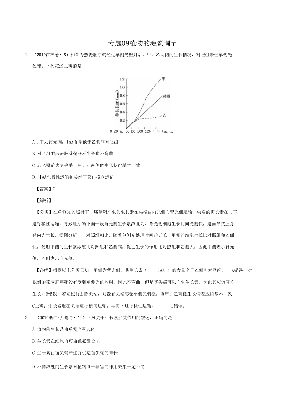 三年高考2017-2019生物真題分項(xiàng)版解析——專題09植物的激素調(diào)節(jié)解析版_第1頁(yè)