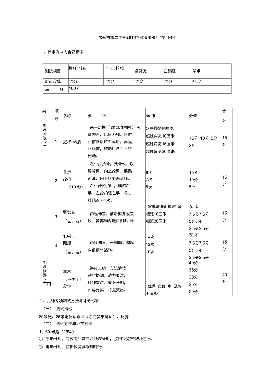 东营第二中学2014年体育专业生招生附件_第1页