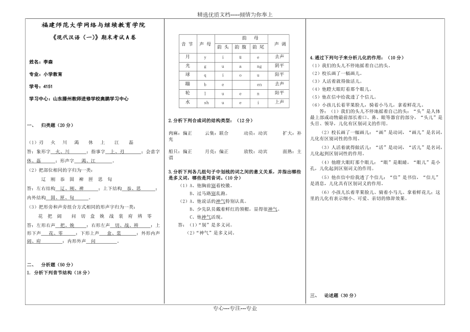 福建師范大學(xué)2020年2月課程考試《現(xiàn)代漢語(yǔ)(一)》期末試卷A答案(共3頁(yè))_第1頁(yè)