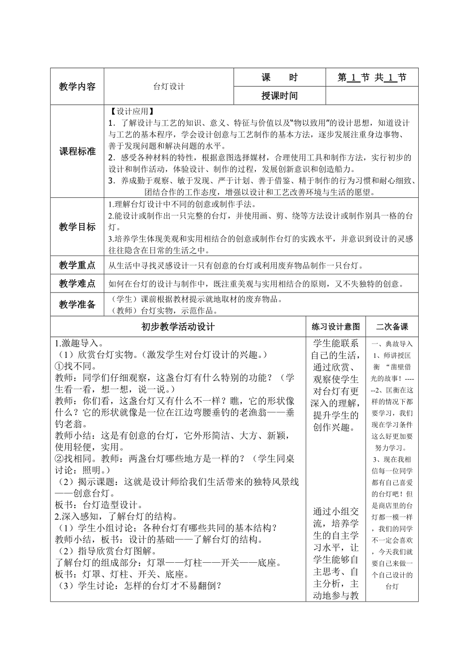 美術(shù)六冊(cè)電子教案二次備課 - 臺(tái)燈設(shè)計(jì)_第1頁(yè)