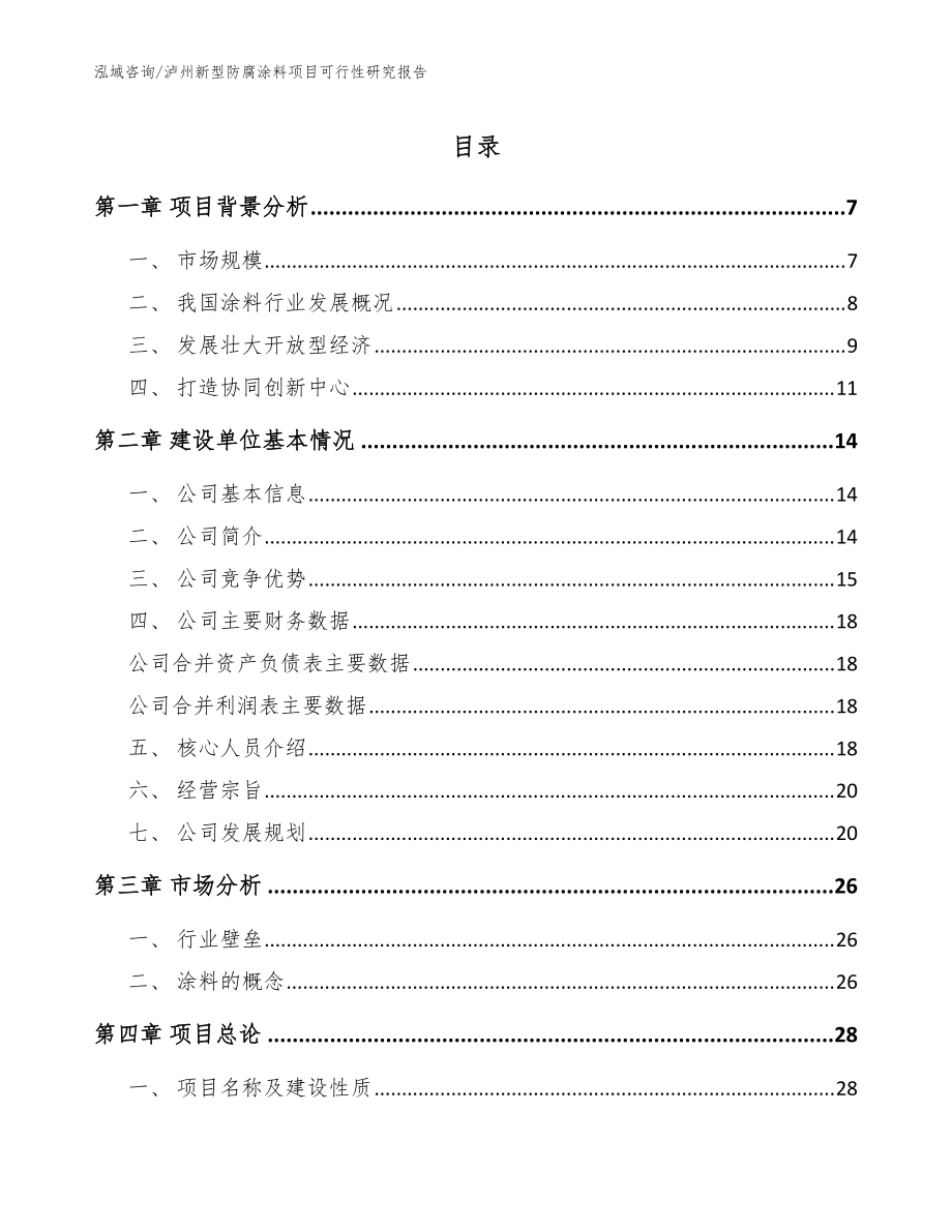泸州新型防腐涂料项目可行性研究报告（范文）_第1页