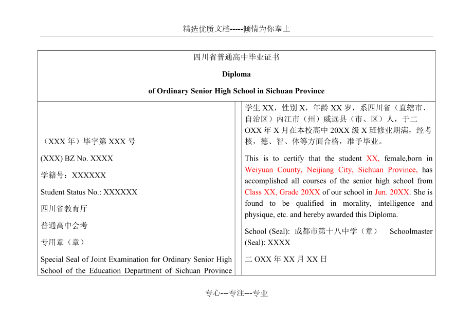 四川省普通高中毕业证书中英对照模板(共2页)_第1页