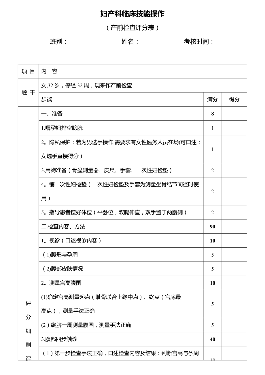 妇产科临床技能考核评分表_第1页