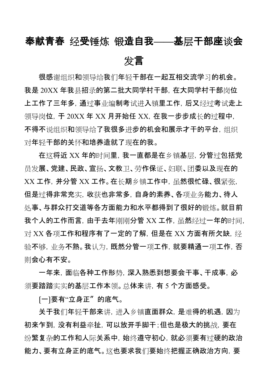 奉献青春 经受锤炼 锻造自我——基层干部座谈会发言_第1页