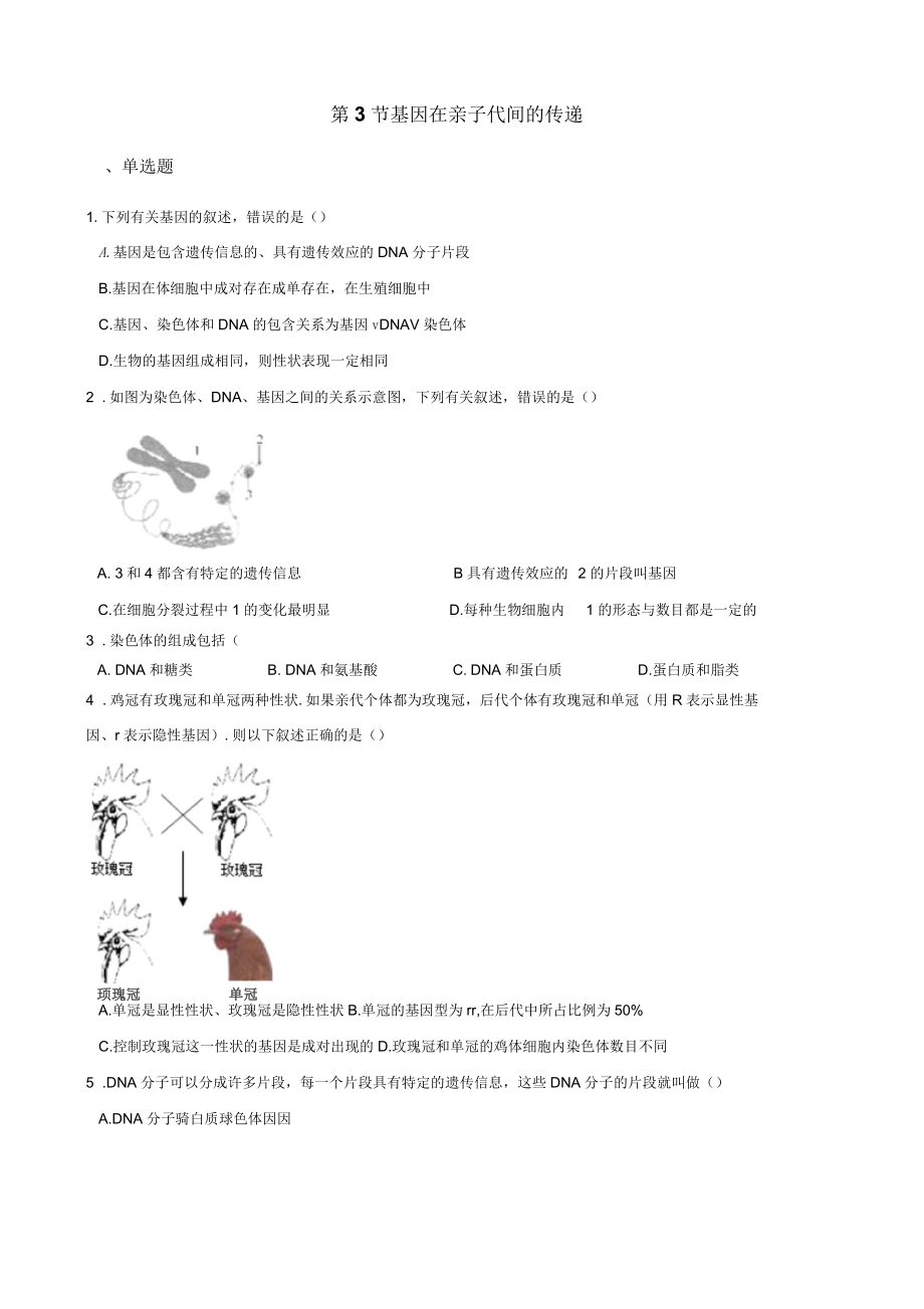 2017-2018学年第二学期鲁科版八年级下册生物第八单元第二章第3节基因在亲子代间的传递同步测试(无答案)_第1页