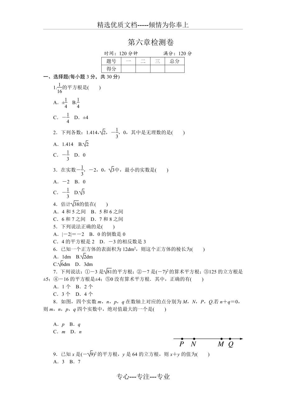 人教版七年级下册《第六章实数》单元检测试卷含答案_第1页