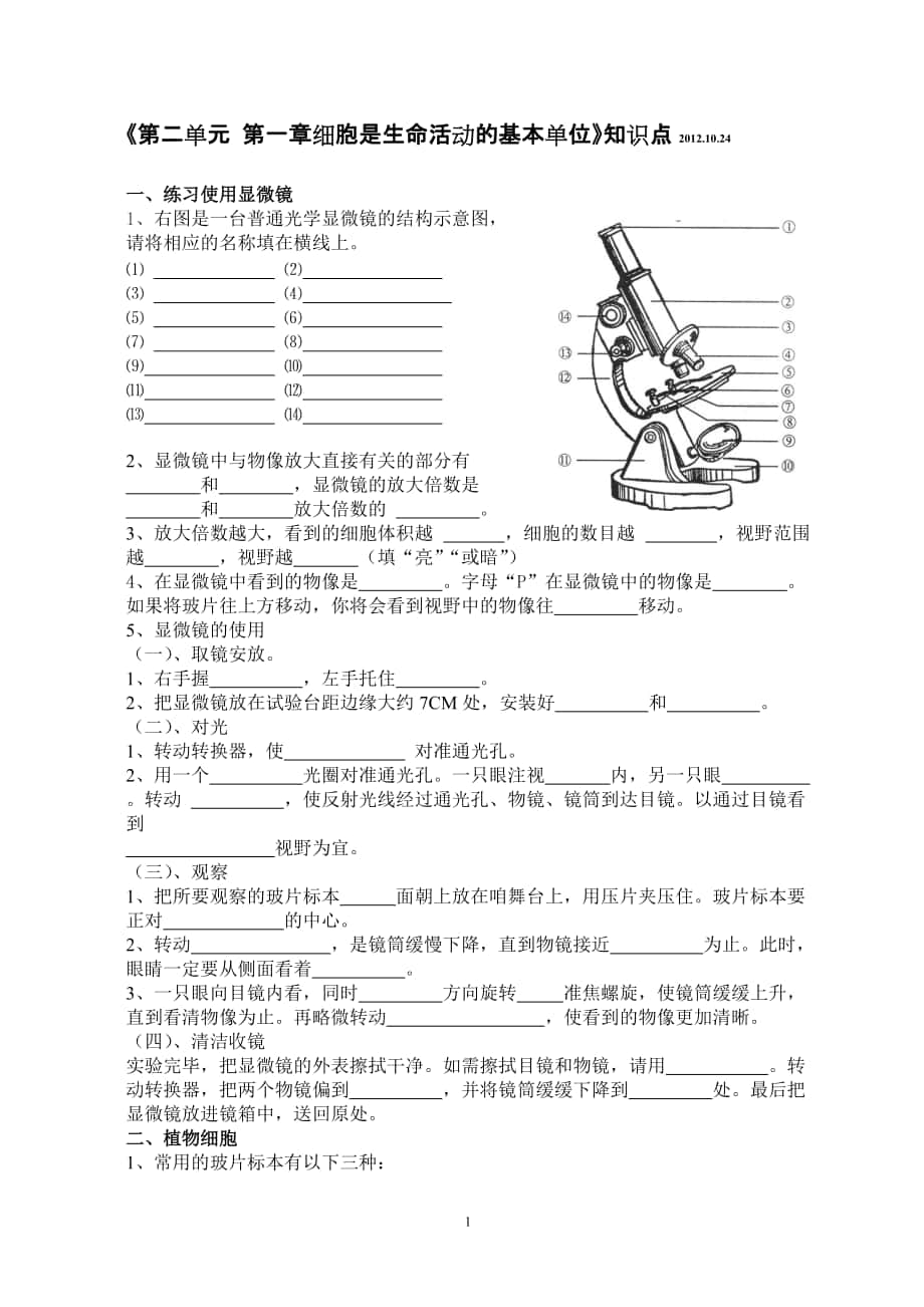 第二單元第一章 細胞是生命活動的基本單位知識點復習20121024_第1頁