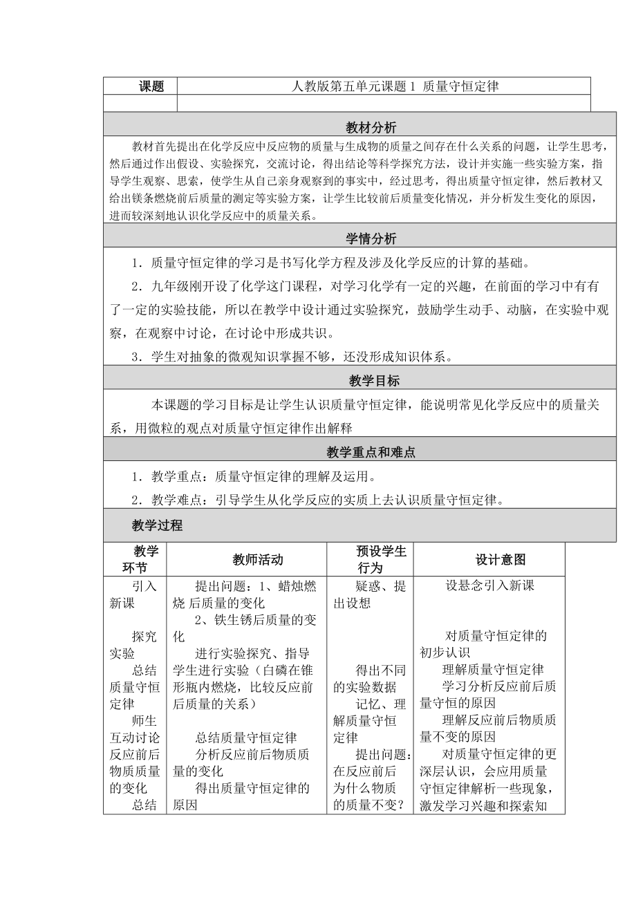 第五單元課題1 質(zhì)量守恒定律 教學(xué)設(shè)計與反思_第1頁