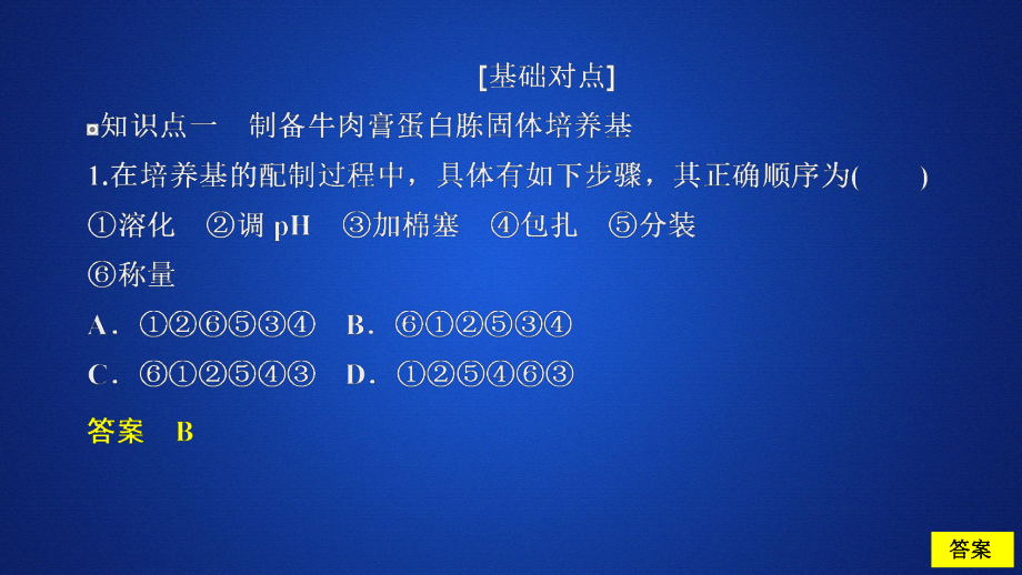 2020生物同步導(dǎo)學(xué)人教選修一課件：專題2　微生物的培養(yǎng)與應(yīng)用 課題1 第2課時(shí) 課時(shí)精練_第1頁