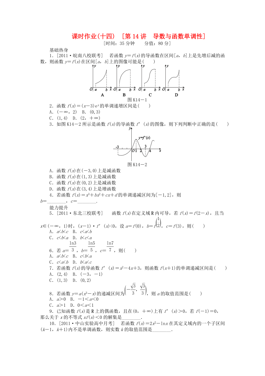 高三数学一轮复习课时作业14导数与函数单调性文北师大版_第1页