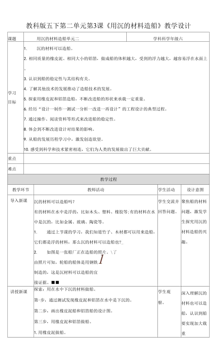 教科版五下第二單元第3課《用沉的材料造船》教案.docx_第1頁