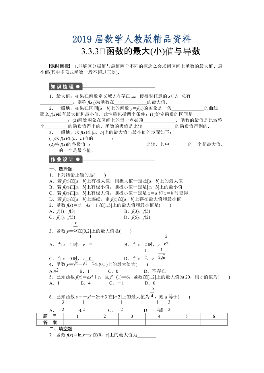人教A版数学【选修11】作业：3.3.3函数的最大(小)值与导数含答案_第1页