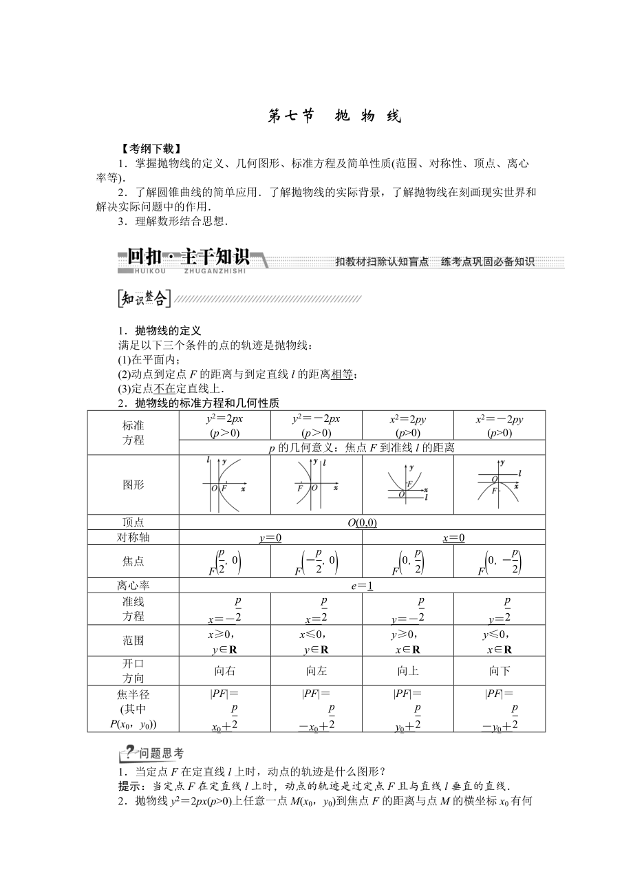 新版【創(chuàng)新方案】高考數(shù)學理一輪復習配套文檔：第8章 第7節(jié)　拋物線_第1頁