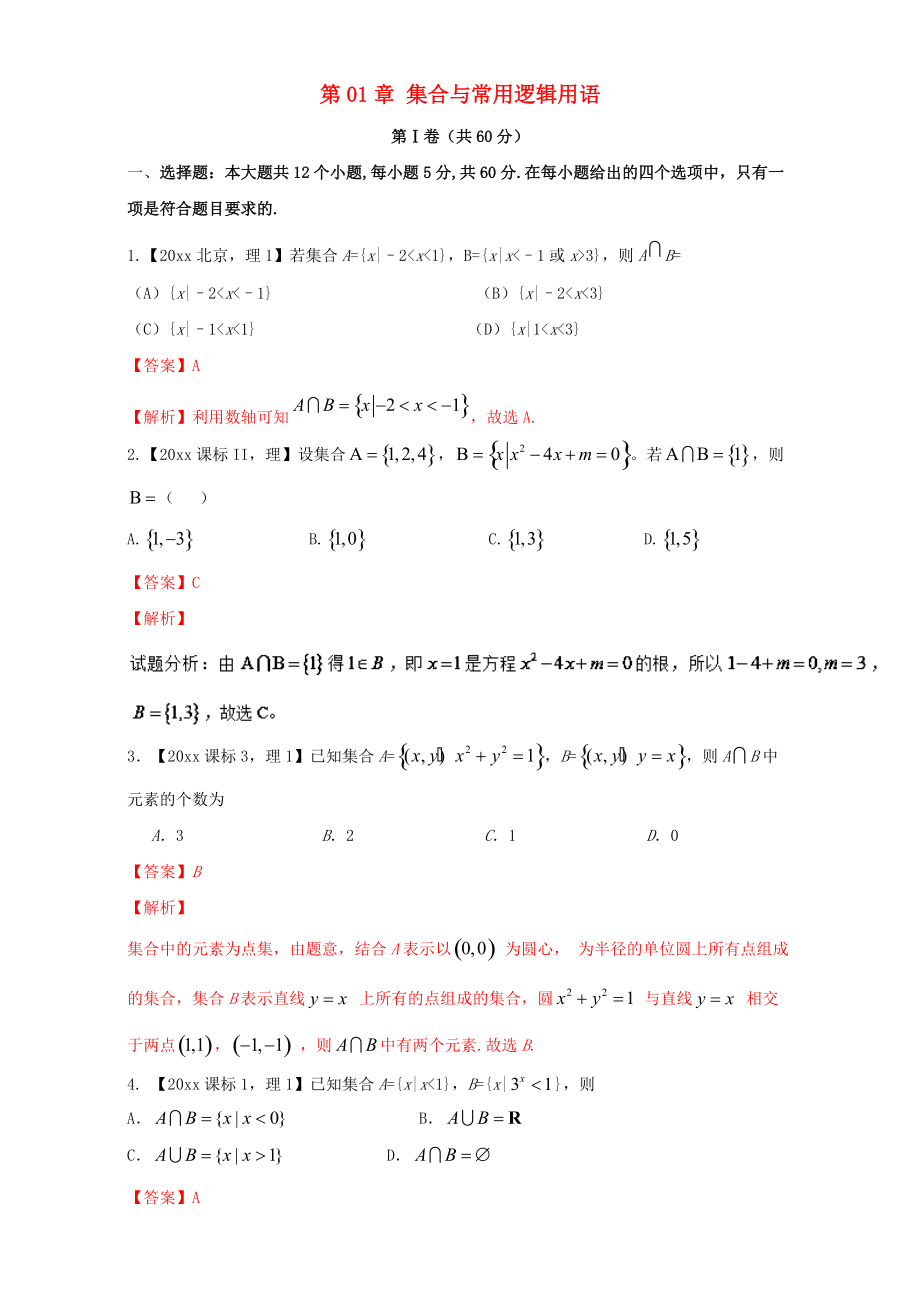 新编浙江版高考数学一轮复习(讲练测)： 第01章 集合与常用逻辑用语测试题_第1页